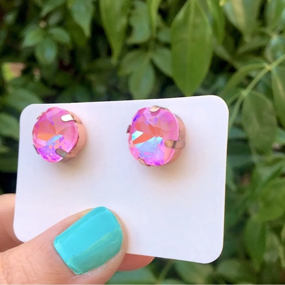 Pink Aurora Borealis Cushion Cut + Rose Gold Crystal Earrings